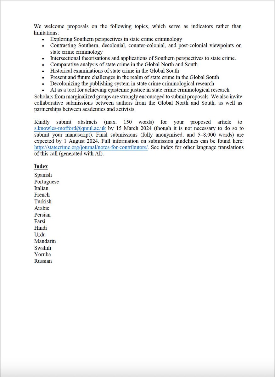 📢📢📢 Call for Papers 📢📢📢 Special Issue: Southerning State Crime Criminology special edited by @ValeriaVeghWeis + @KLasslett. 🕒 Submission deadline 1 August 2024 🕒 PDF (with other language versions) available➡️ shorturl.at/bftIL.