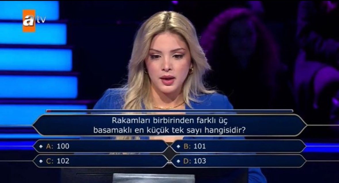 Benim ortaokul öğrencilerime bu soruyu sorsam, çoğunluğu “cevap seçeneklerde yok” der, D seçeneğine zıplamazlardı 🤷🏻
Soru kökü eksik bilgi içeriyor. 

#kimmilyonerolmakister