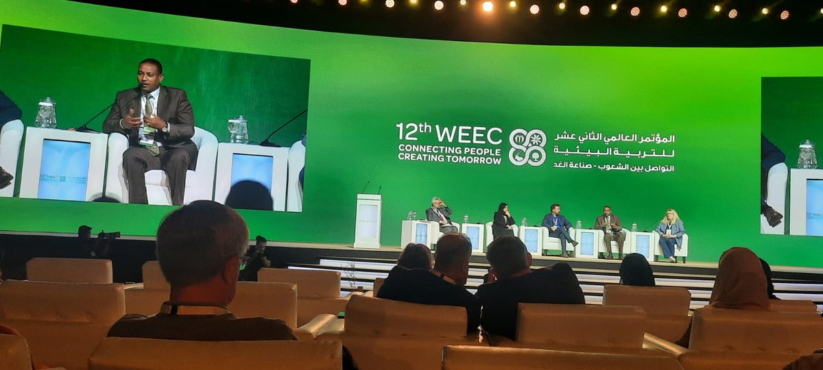NemaKenya's tweet photo. Happening Now: @NemaKenya  Director General Mamo B. Mamo EBS, speaking at the 12th WEEC Conference  High Level Panel discussion on Triple Planetary Crisis: Aligning to Environmental Education (EE) and Education for Sustainable Development (ESD) in Abu Dhabi- UAE https://t.co/AiQoN1n22F