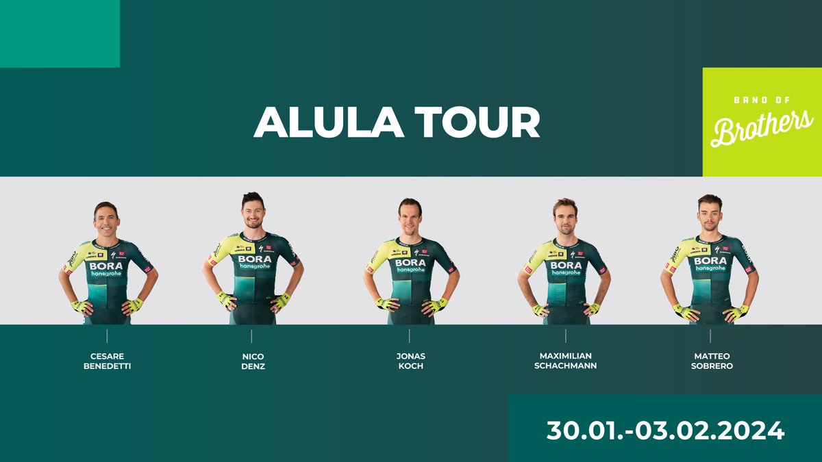 These five guys are ready for an exciting week of racing in AlUla. Check out our line-up for @thealulatour 😎 ⤵️ 👉 Cesare Benedetti 👉 Nico Denz 👉 Jonas Koch 👉 Maximilian Schachmann 👉 Matteo Sobrero #BORAhansgrohe #BandOfBrothers #AlUlaTour
