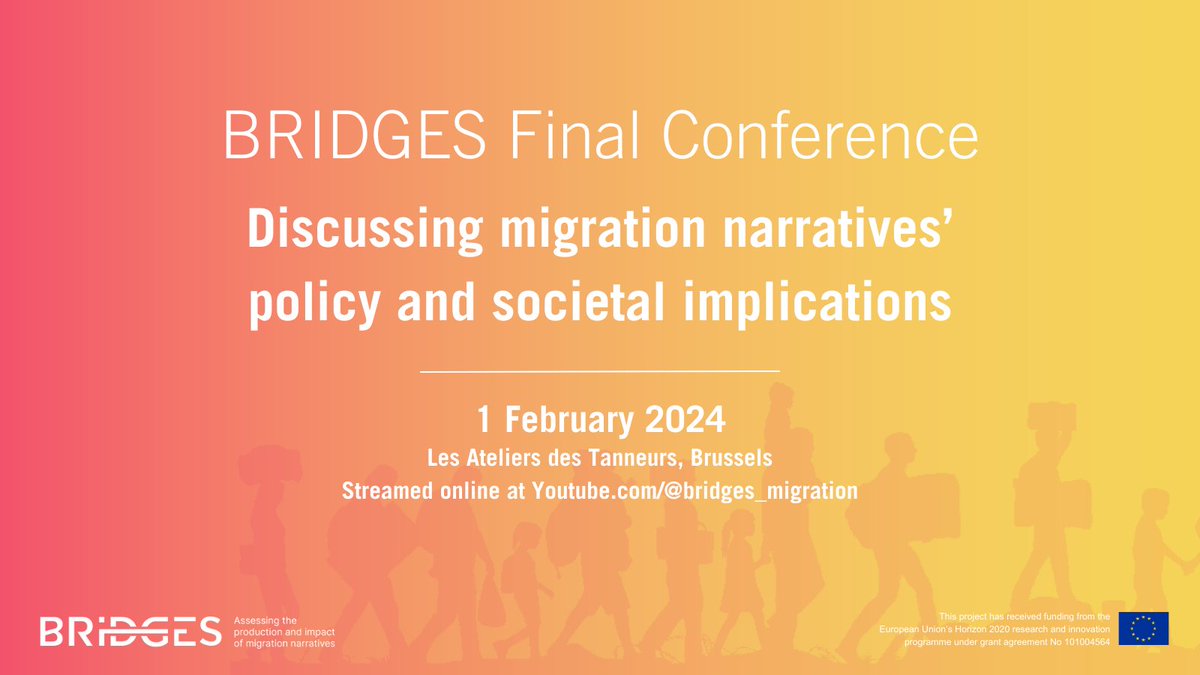 Last days to register for the #BRIDGES Final Conference📢 A whole day to discuss the main findings of the project, after 3 years studying the production and impact of migration #narratives

Registrations open to join in person until tomorrow, 30 January✍️🏾bit.ly/BRIDGESFinalCo…