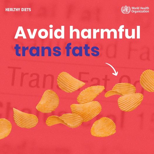 Industrially produced #transfat or trans fatty acids is commonly found in:
❌ packaged foods
❌ baked goods
❌ fat spreads
❌ fried foods

Trans fat increases the risk for heart attacks. Globally, it causes more than 278 000 deaths a year from heart disease.