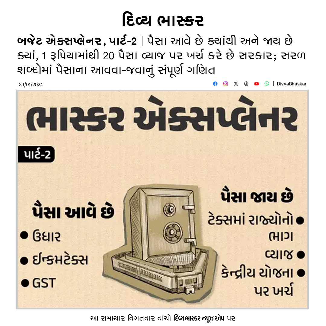 Divya_Bhaskar's tweet photo. બજેટ એક્સપ્લેનર પાર્ટ-2 : પૈસા આવે છે ક્યાંથી અને જાય છે ક્યાં, 1 રૂપિયાથી 20 પૈસા વ્યાજ પર ખર્ચ કરે છે સરકાર - https://t.co/eNaqVgDWw8
#Budget | #Budget2024 | #BudgetExplainer https://t.co/gfL7vSHzhU