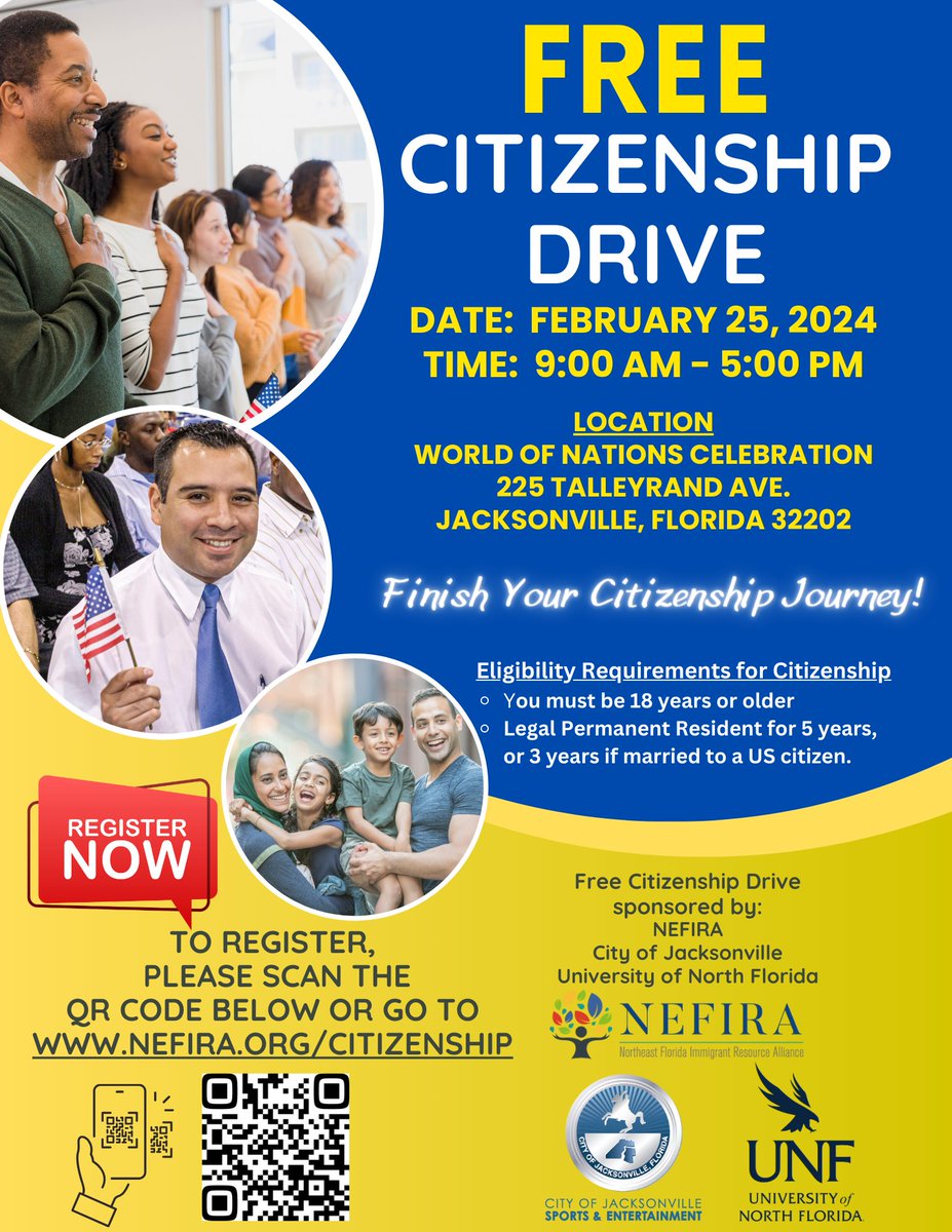 _nefira_'s tweet photo. @_nefira_  in collaboration with the @CityofJax and the @UofNorthFlorida Hicks Honors College, is proud to sponsor this FREE Citizenship Drive. Register here: https://t.co/XCZA2ZBCsR https://t.co/7sXzgGc4LH