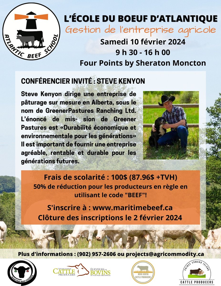 Don't forget to register by Friday for the next module of Atlantic Beef School: Farm Business Management! All farms, and all commodities are welcome! Producers in good-standing receive 50% off by using promo code "BEEF"!
Register at ow.ly/UpSi50QtKvF