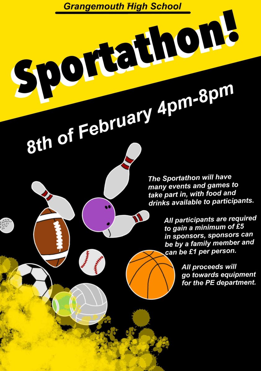 SPORT-A-THON!!!! Get along on the 8th of feb to help raise money for strathcarron hospice and funds for the PE department 💛🖤