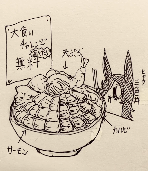 お昼の三色丼が美味しかった半ライス(大食いチャレンジだと気づいてない) 