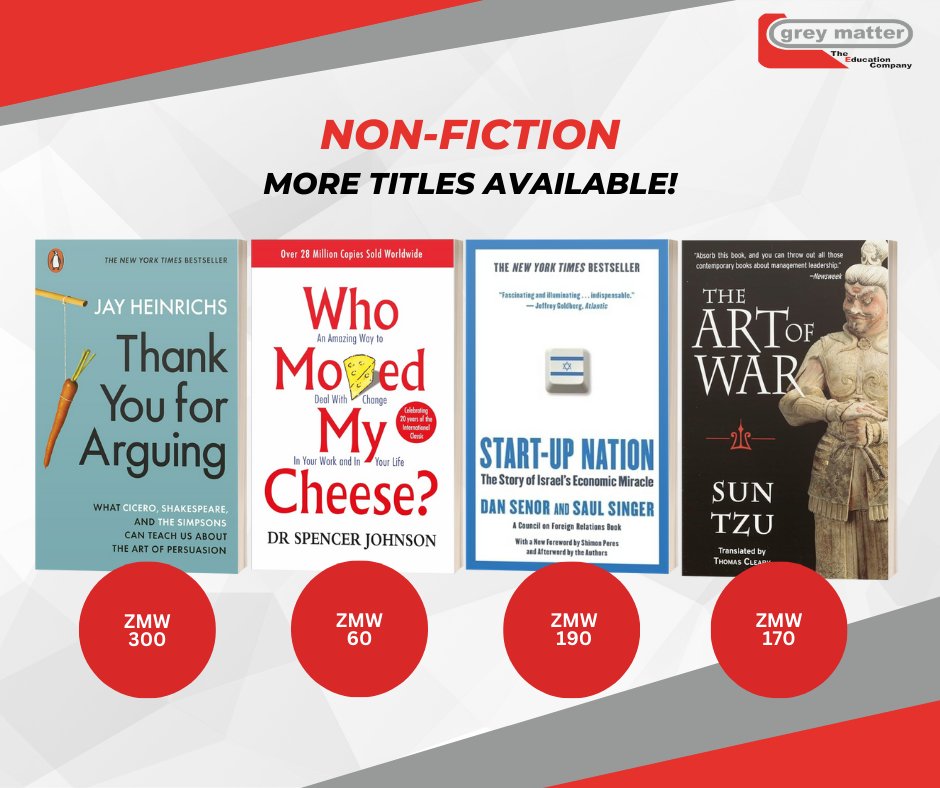 GreyMatterZM's tweet photo. Whether you're into the art of persuasion, business innovation, personal development, or strategy, we've got you covered. From the compelling insights of "Thank You for Arguing" to the timeless lessons of "The Art of War," there's something for everyone. 📖✨ https://t.co/8itwM46ASo