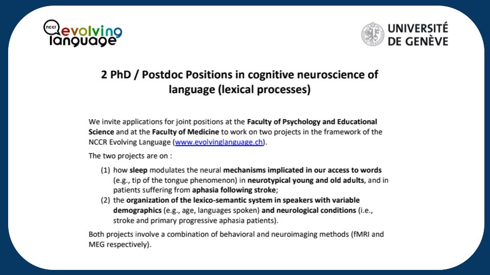 Into the cognitive neuroscience of language? Sophie Schwartz, Marina Laganaro (@PsylingUnige) and I (@NoCeLab) are looking to fill two phd/postdoc positions within the @NCCR_Language Join us: bit.ly/LangCogNeuro #PhDposition #neurojobs