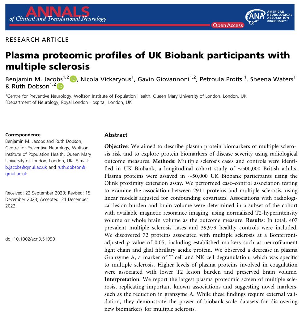 Another tour de force by the remarkable @ben_m_jacobs = 'Plasma proteomic profiles of UK Biobank participants with multiple sclerosis'. Buried in the small print are some new and not-so-new MS therapeutic targets => buff.ly/3SASywV