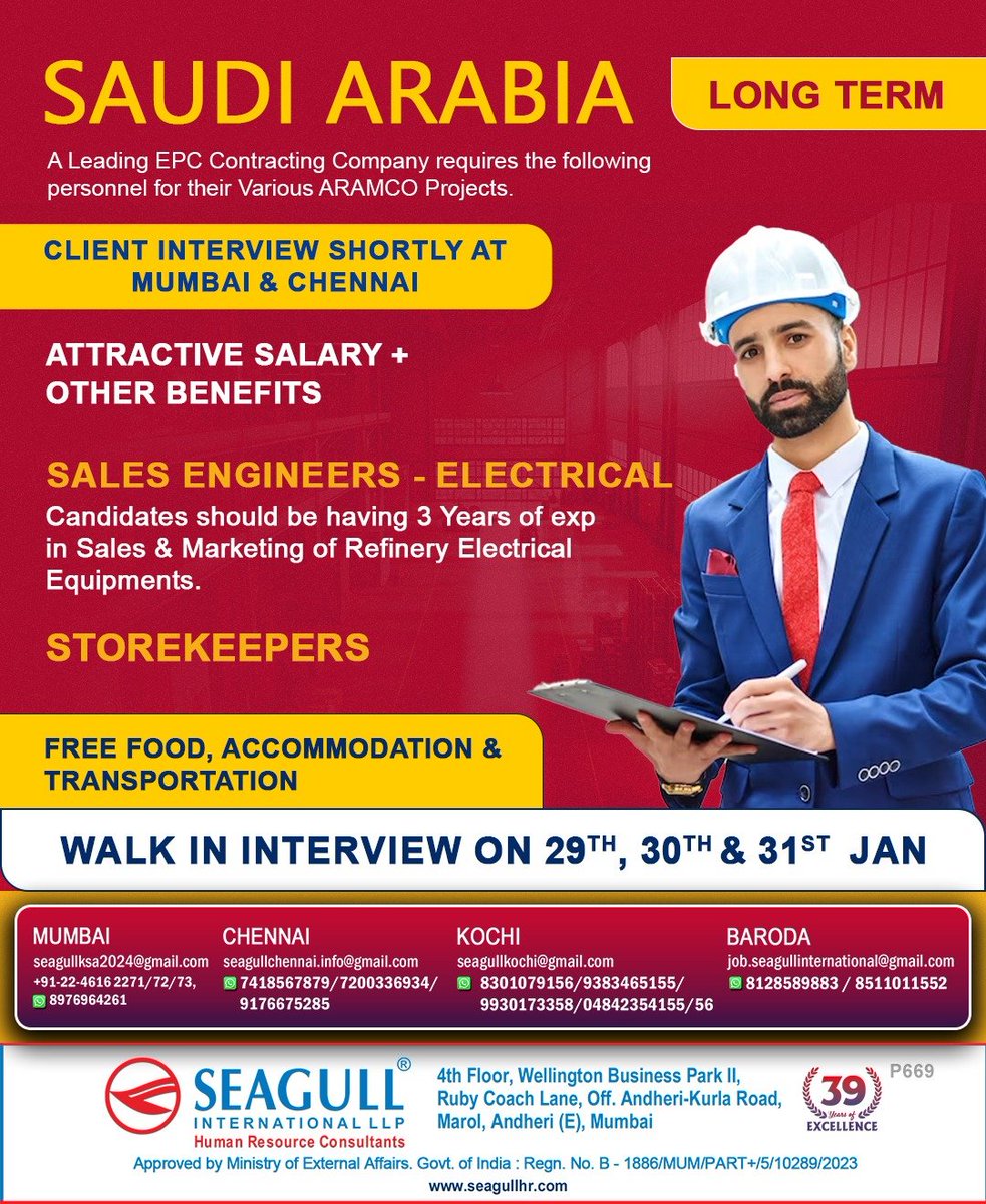 hrd1_seagull's tweet photo. #saudiarabiajobs #seagull #salesengineers #electrical #storekeepers...📍Location - Mumbai , Chennai , Kochi &amp; Baroda💻Client Shortly At Mumbai &amp; Chennai📝Walk Interview On 29th , 30th &amp; 31st Jan 2024‼️Long Term Project 🇸🇦Saudi Arabia Jobs https://t.co/J1r7B18fqo