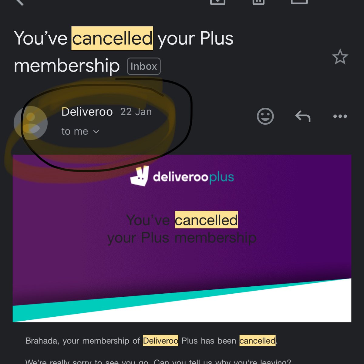 SriniBru's tweet photo. On the subscription cancellation email why there is no information on for what duration its been cancelled. Utterly utterly disappointed with deliveroo even though i was a long time customer of them https://t.co/ZSKCT0wjYx