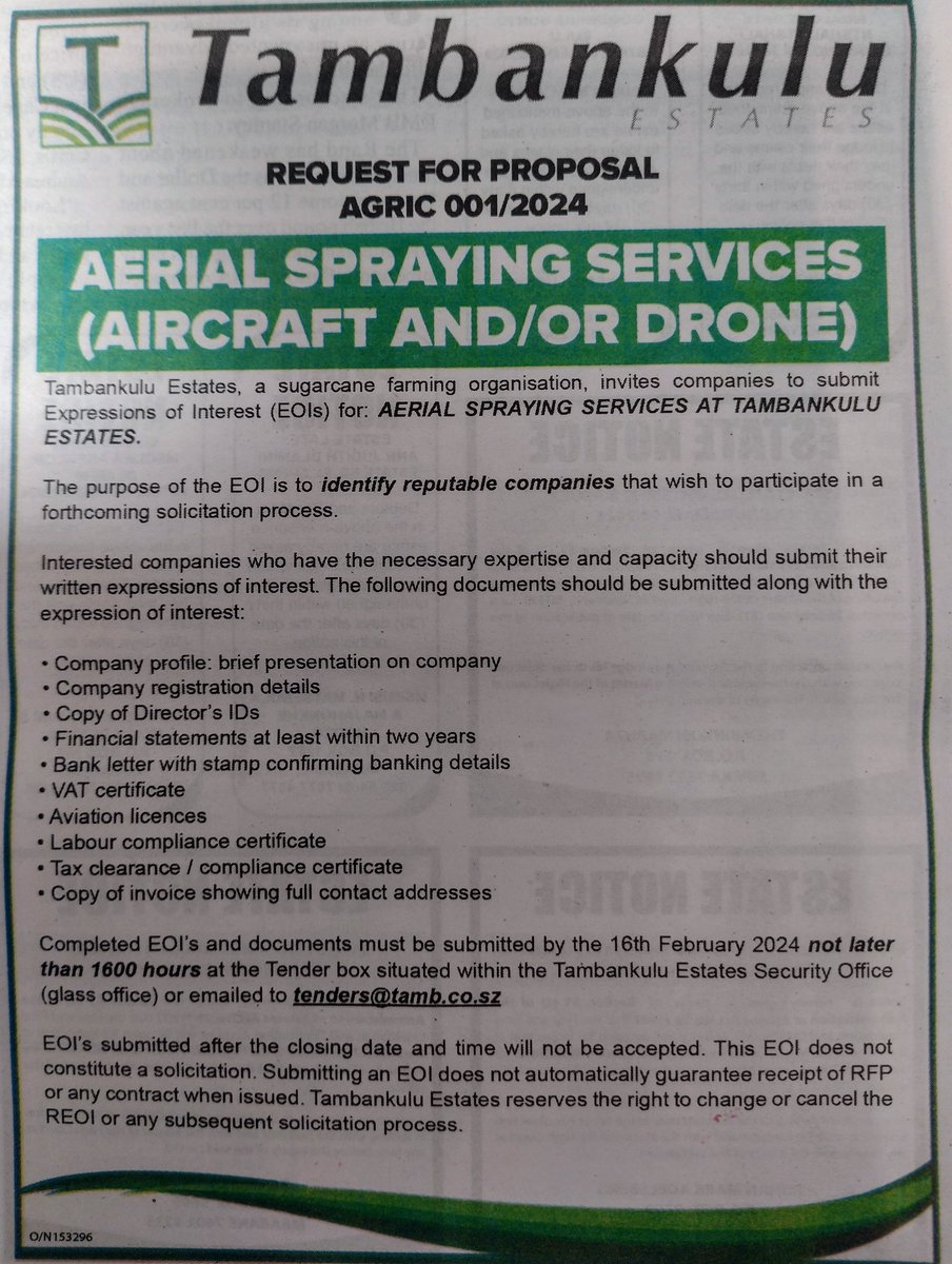 wrexbrown's tweet image. Tambankulu Estates has issued a RfP for aerial spraying services 
#agridrones 
#drones
tamb.co.sz