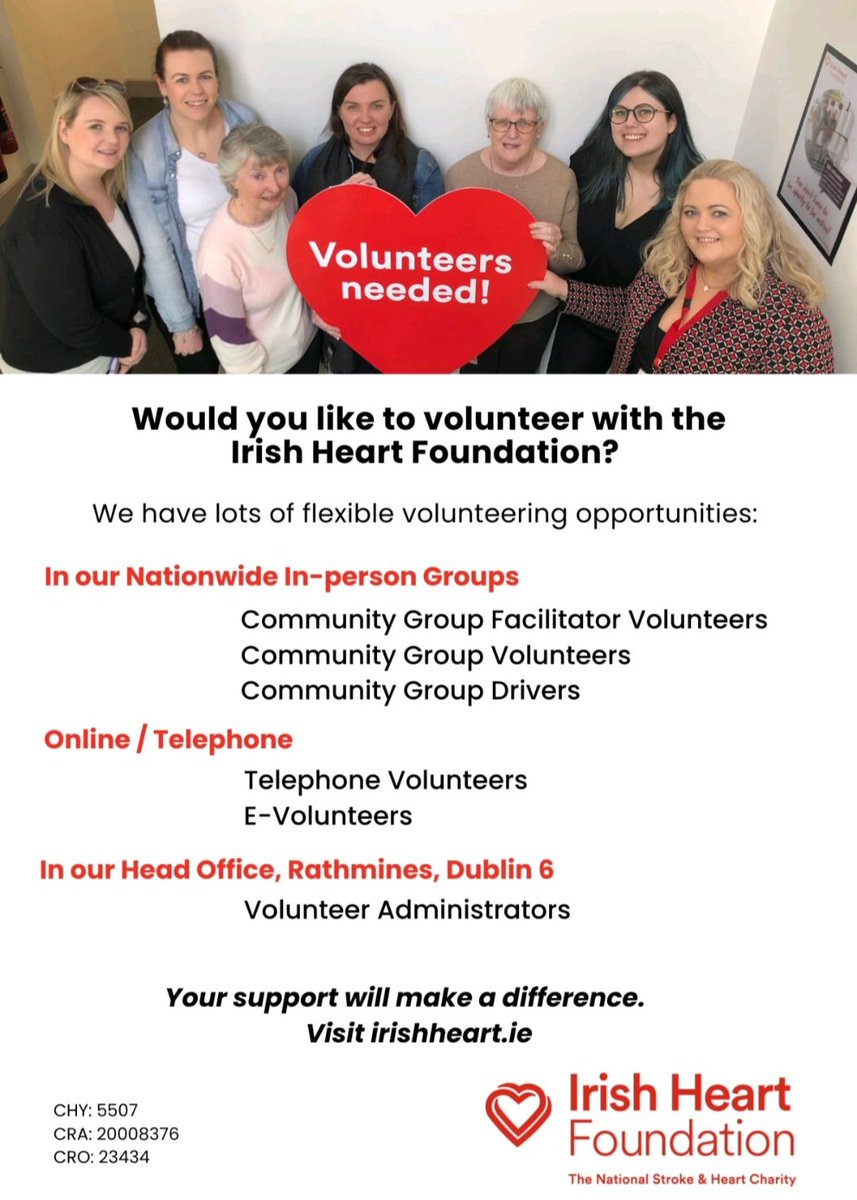 marti214greene's tweet photo. Would you like to volunteer with the Irish Heart Foundation? ❤

We have lots of volunteering opportunities online, on the phone, and in  person supporting our heart and stroke members. 

For more information, click below:
https://t.co/yt7wAcpN7A

@Irishheart_ie 
#volunteering https://t.co/7pkWbK4vR7