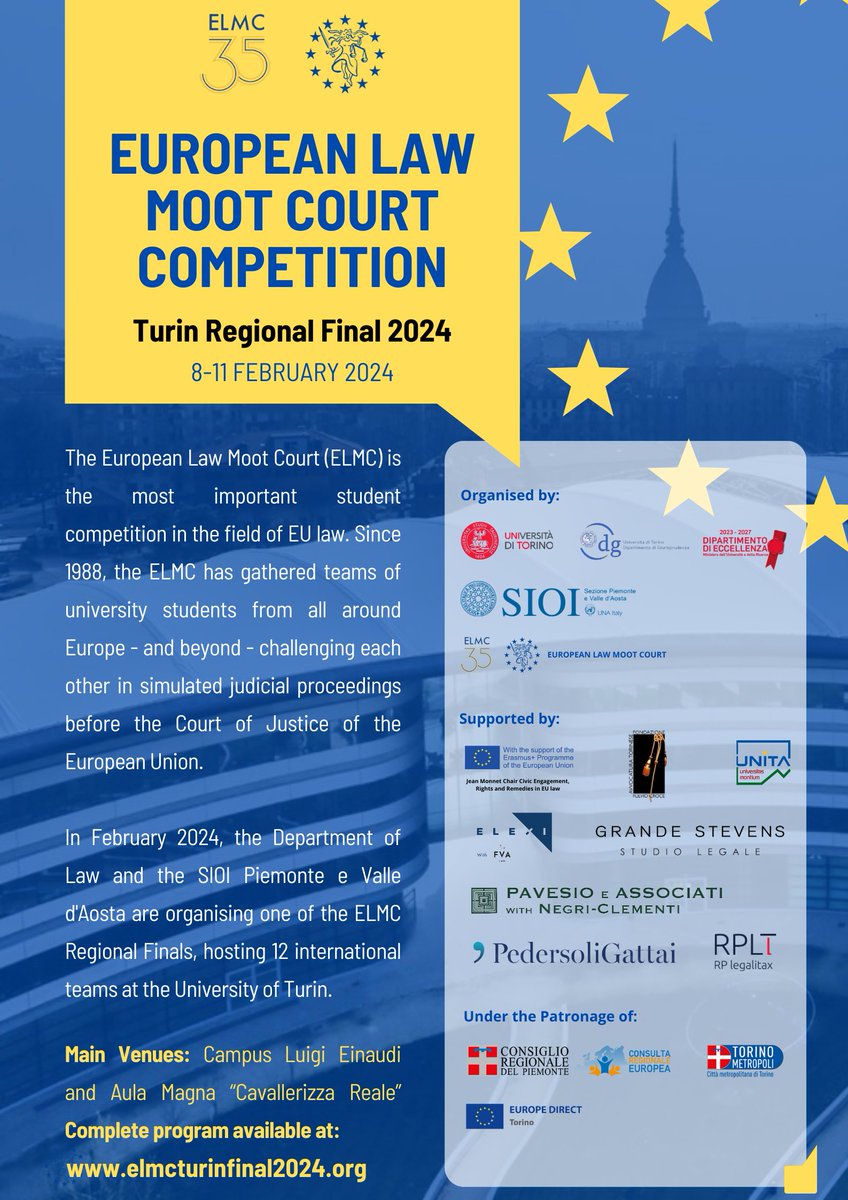 sioipiemonte's tweet photo. 📣Tra poco più di una settimana prenderà il via a Torino la Regional Final della European Law Moot Court.
Evento che la nostra Sezione organizza grazie al supporto di numerosi sponsor.
👉Il sito https://t.co/5vj3sHCBwE fornisce tutte le informazioni sull'evento https://t.co/GAr9rUNQXz