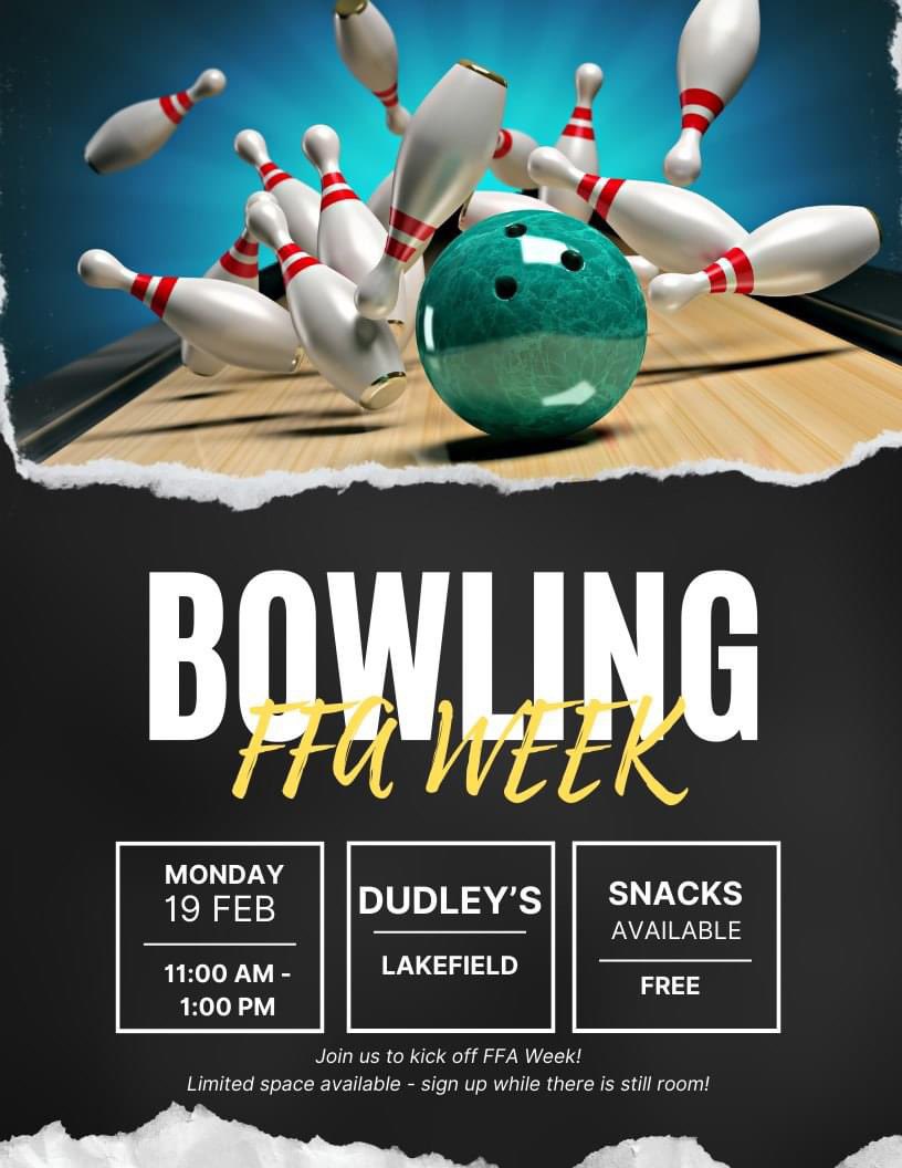 JCCFFA's tweet photo. MARK YOUR CALENDARS AND SIGN UP NOW!

Join us to kick-off FFA Week on Monday, Feb. 19th (No School) at Dudley's in Lakefield.

11 a.m. - 1 p.m.

Appetizers and snacks provided. https://t.co/KLOTmcnHUE