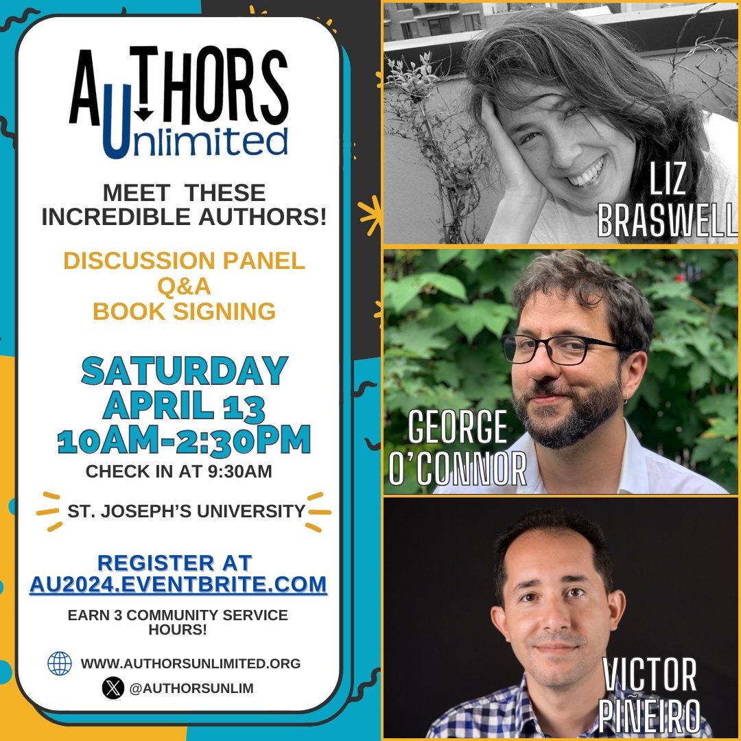 AuthorsUnlim's tweet photo. Authors Unlimited is on Saturday, April 13th! Registration is open: https://t.co/ZVNtJRK47a

🌀@LizBraswell 
⚡️@GeorgetheMighty 
⏳@victorpineiro https://t.co/Nd5Unz8FTU