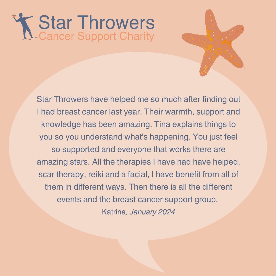 We offer a huge range of support services, it was lovely to hear from Katrina how our sessions had supported her following a breast cancer diagnosis. Please visit our website to find out more: starthrowers.org.uk #cancersupportnorfolk #starthrowers