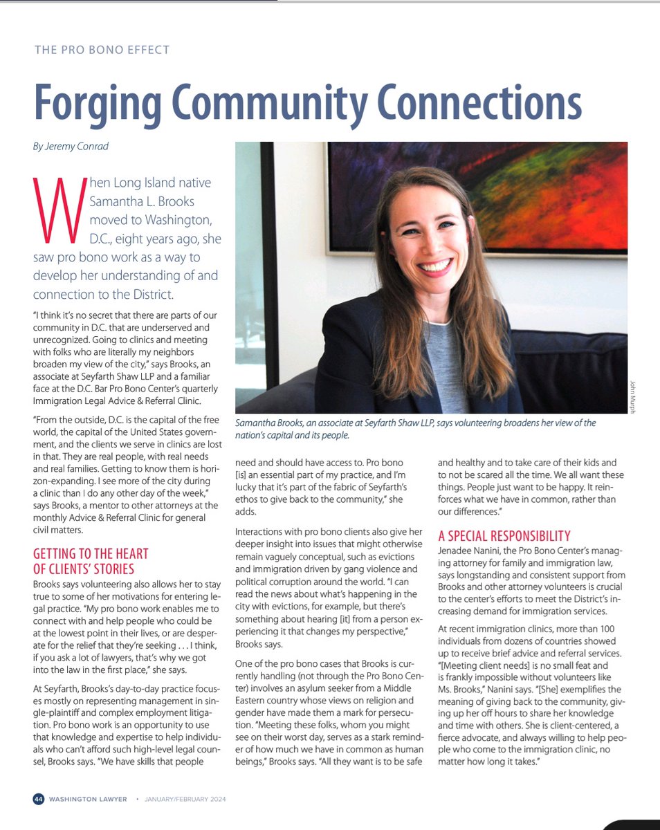 Leaders like Samantha Brooks, an associate in our D.C. office, reflect Seyfarth's culture of giving and giving back.

They make us look good, too! Read the full article: ow.ly/iICI50QuwnE 
 
#probono #philanthropy #givingback #volunteering #communityservice #WashingtonDC