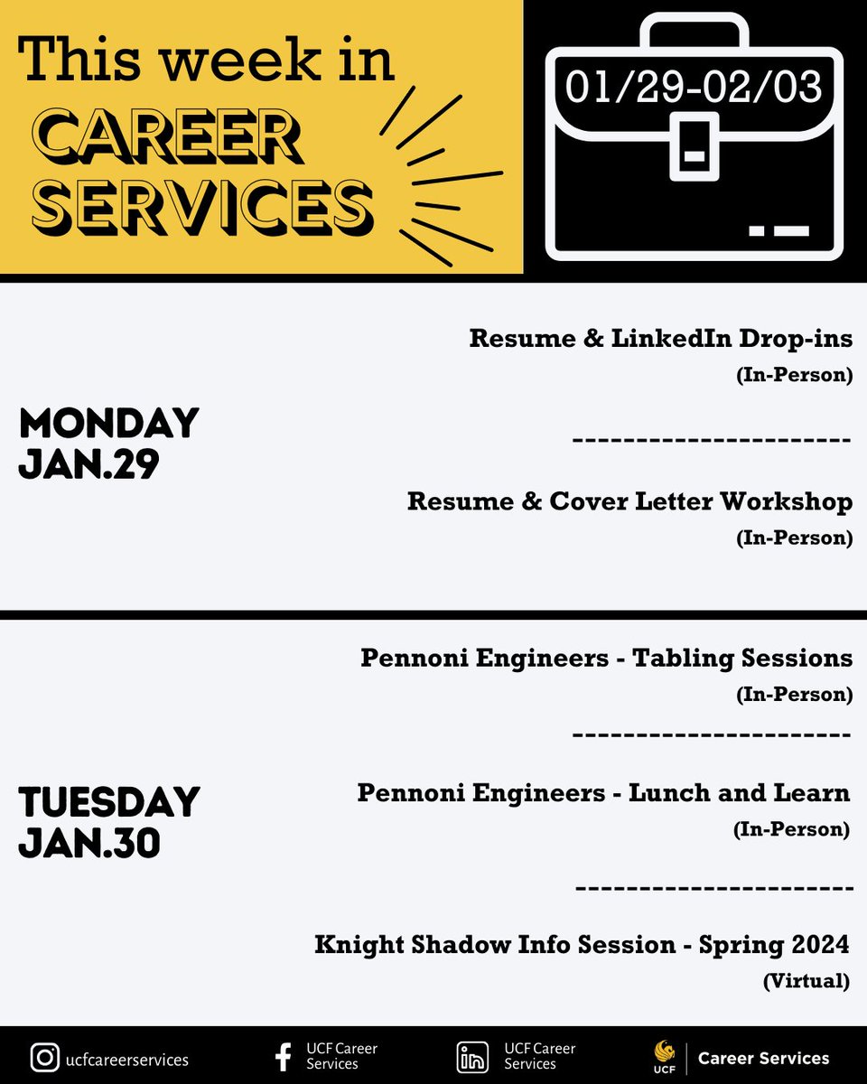 UCFcareer's tweet photo. 🎇This Week in Career Services: 1/29-02/03🎇
Take a look at what happening this week! 👀
Check out handshake to learn more and register!👏
-
#job #career #ucfcareerservices #UCFsocial #orlando #ucf #ucf2024 #2024 #goknights #florida #internship #resume #springsemester #spring https://t.co/c0Vn7loBhB