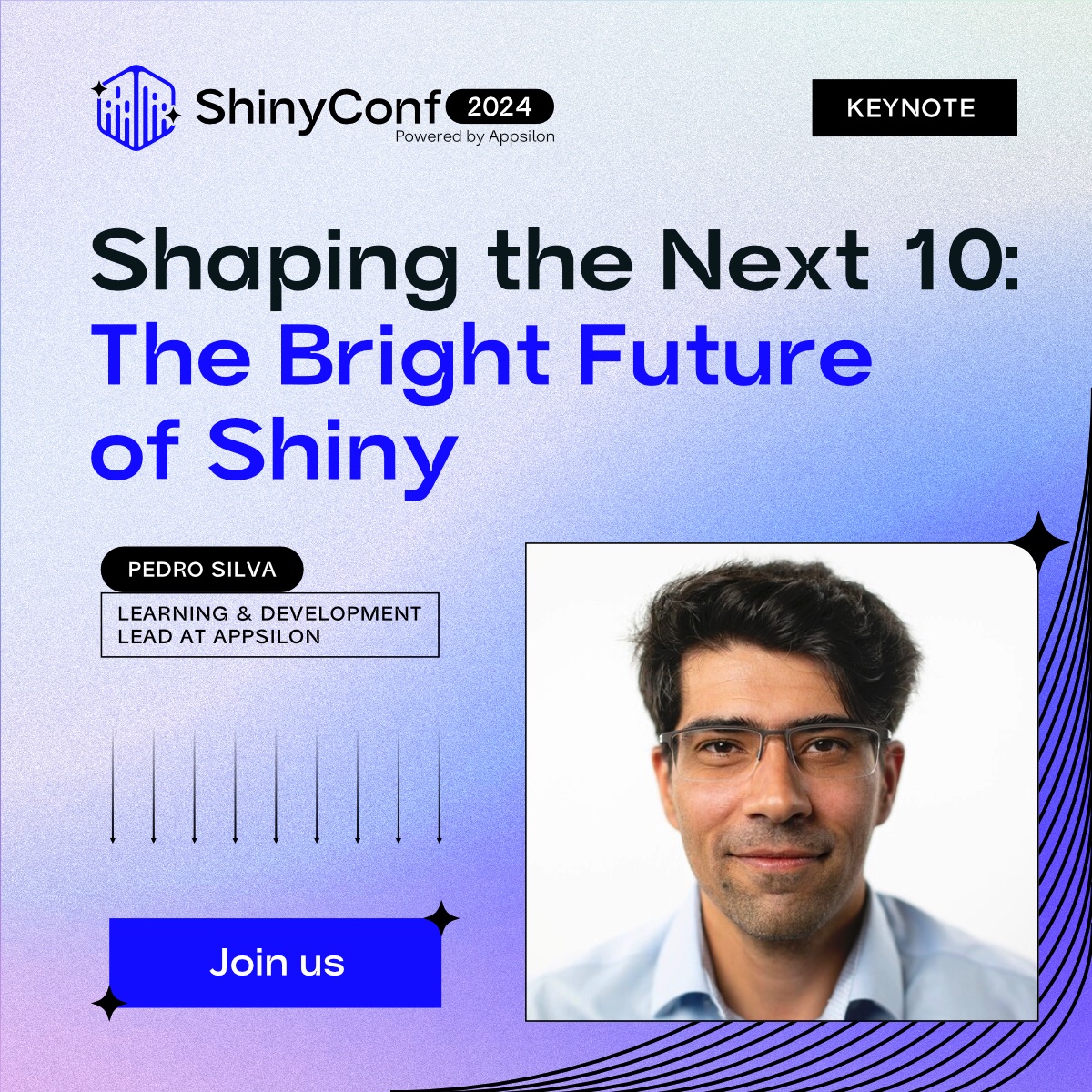 Our first #keynote announcement! 🎉  
Celebrate 10 years of innovation, explore upgrades, and discover #Shiny's impact in #pharma and #softwaredevelopment. Tune in for this insightful journey into Shiny's legacy. Save the dates: 17-19.04.2024!

Find more: go.appsilon.com/1st-keynote