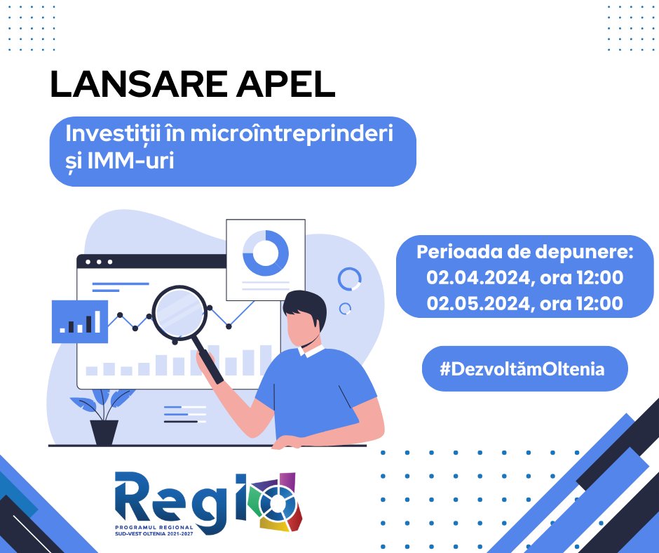 Microîntreprinderile și IMM-urile din Oltenia au șansa să obțină granturi de până la 1.500.000 euro pe proiect, prin Programul Regional Sud-Vest Oltenia 2021-2027!
Detalii: facebook.com/adrsvoltenia/p…