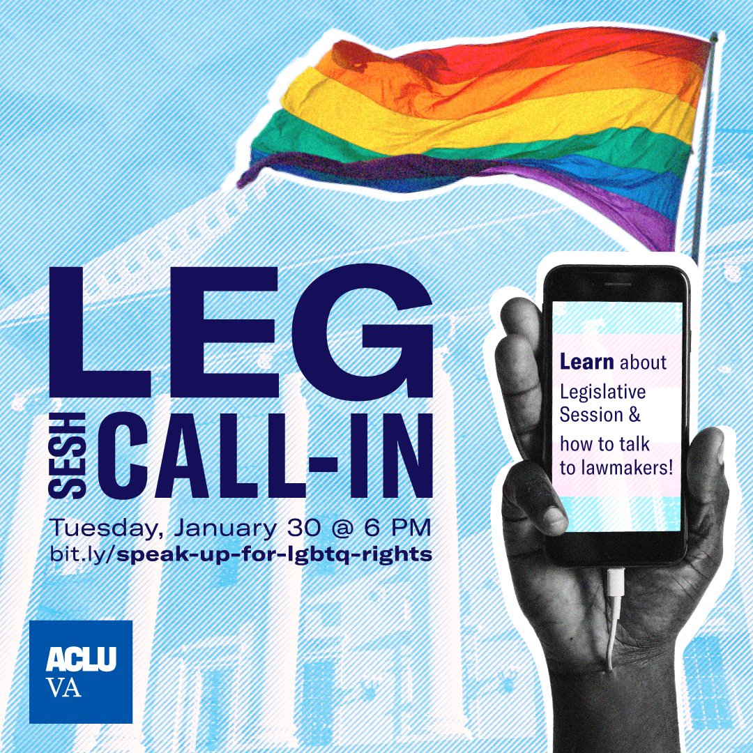 ACLUVA's tweet image. TOMORROW: Join us to fight for LGBTQ+ rights in Virginia! 🏳️‍⚧️🏳️‍🌈 

We are hosting a free, virtual training session on how to call YOUR representatives in the Virginia General Assembly. 

👉 RSVP: bit.ly/speak-up-for-l…

#LegislativeSession #VALeg