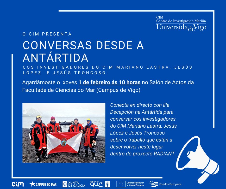 CIM_Uvigo's tweet photo. 📣 Conectamos con Illa Decepción para falar en directo 💻 cos investigadores do CIM que están na Antártida recollendo mostras 🧫 ao abeiro do proxecto #Radiant.

📅 Xoves, 1 de febreiro
🕛 Ás 10.00 horas
📍 No Salón de Actos da Facultade de Ciencias do Mar

Imprescindible! 😉 https://t.co/WSPowMRNhY