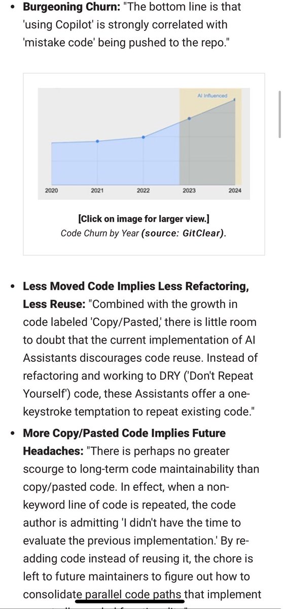 Study of codebases over a 4 year period show Github Copilot lowers the quality of code over time by increasing the likelihood of bugs being introduced and copy & pasted code. This is a healthy counterpoint to studies that show improved productivity. Fast. Cheap. Good. Pick Two.