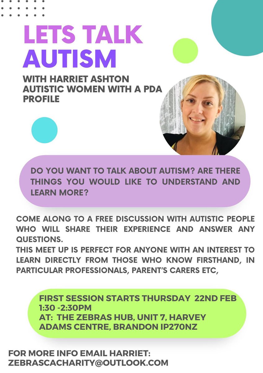 zebrascacharity's tweet photo. I am delighted to be offering this free discussion taking place in our Brandon Hub in Suffolk #Autism #autistic #ActuallyAutistic #PDA #autisticwomen https://t.co/zuPrgc5EFj