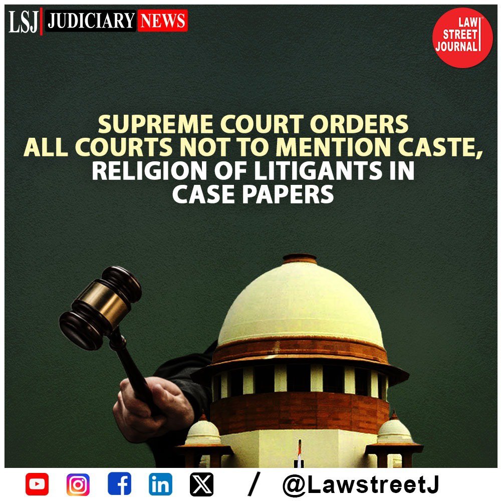 The #SupremeCourt recently passed a general order directing its registry, all #HighCourts and subordinate courts to stop the practice of mentioning the caste or religion of litigants in case papers.

#SupremeCourtOfIndia | @MLJ_GoI