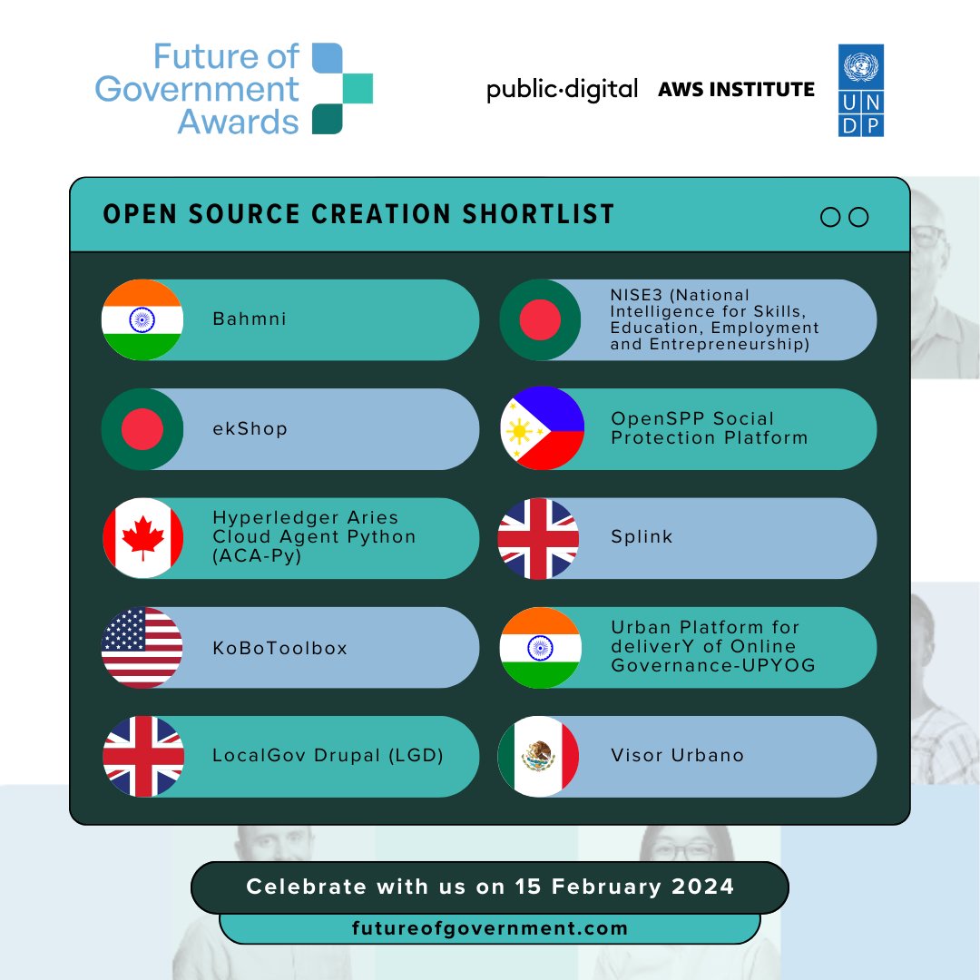 After extensive deliberation by our brilliant selection committee, we’re thrilled to announce the shortlists for the #FutureofGovernment Awards!

Meet the 🆕 Open Source Creations that made it to the list, and save your spot for the celebration next month: docs.google.com/forms/d/e/1FAI…