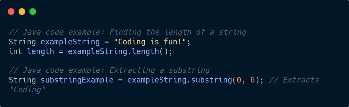 codec_one1's tweet image. More on String Manipulation
🎨 Dive deeper into the art of string manipulation! Example: Finding the length of a string and extracting a substring in Java. 📏🔄 #StringOperations #JavaCoding