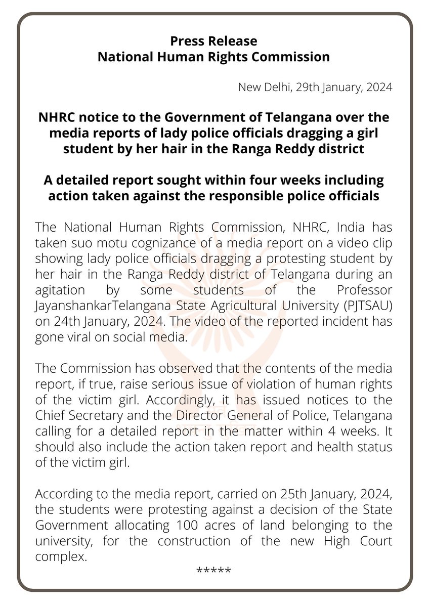 NHRC notice to the Government of #Telangana over the media reports of lady police officials dragging a girl student by her hair in the Ranga Reddy district. A detailed report sought within four weeks including action taken against the responsible #police officials.