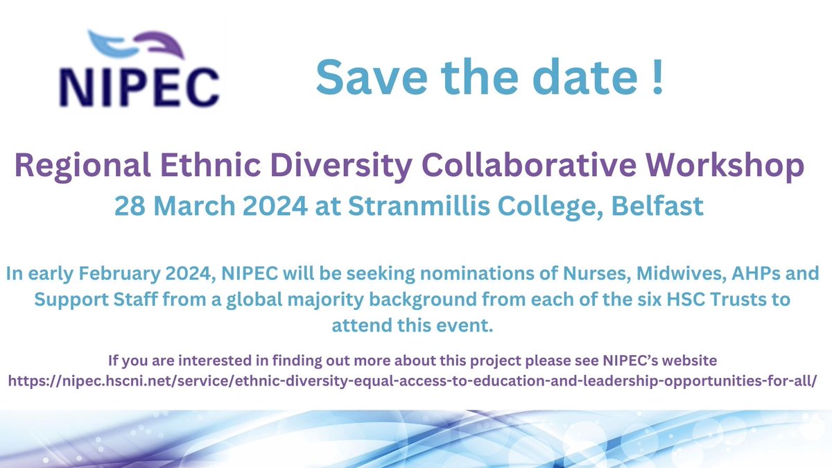 1/2 NIPEC is hosting a Regional Ethnic Diversity collaborative workshop on behalf of CNO on 28 March. We will be seeking nominations of Nurses, Midwives, AHPs and Support Staff from Global Majority from your HSC Trusts nipec.hscni.net/service/ethnic… @CNO_NI @CathyMcCusker2