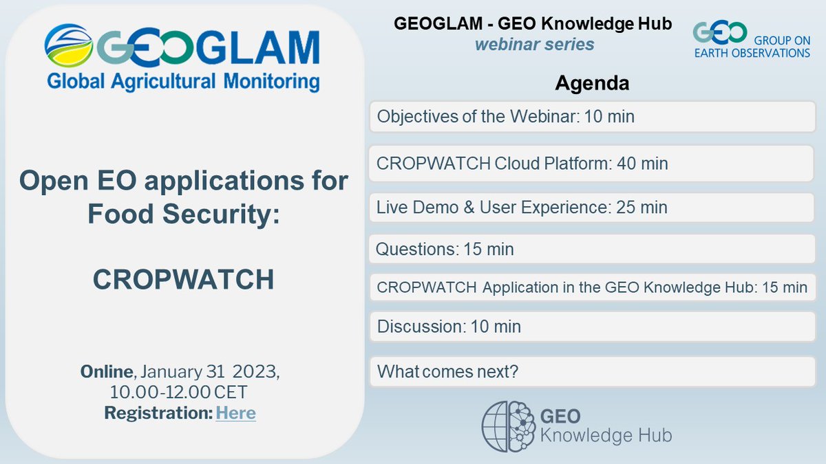 Don't miss the 4th webinar in our 'Open EO Applications for Food Security' series! 📅 Date: January 31, 2024 🕒 Time: 10 am (CET) 🔗 Registration: us02web.zoom.us/meeting/regist… Stay ahead in innovation with real-time insights into crop assessments with @WatchCrop 🌱🌾