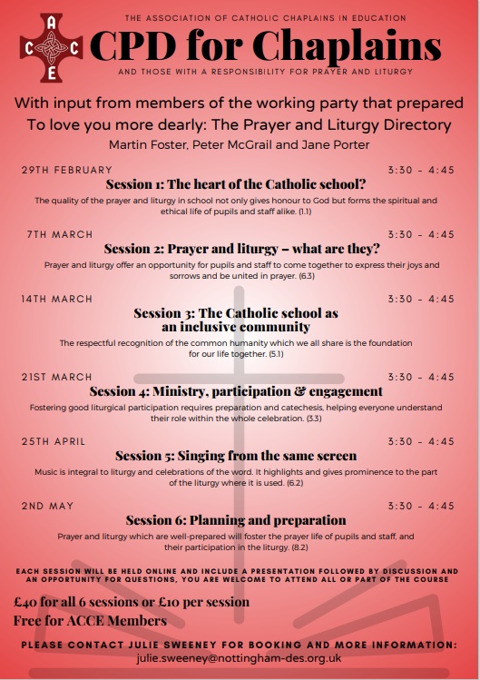 Fantastic CPD oportunity for chaplains offered by the Association of Catholic Chaplains in Education. See image for details of the six sessions and contact info. <a href="/acceUK/">ACCE UK</a>