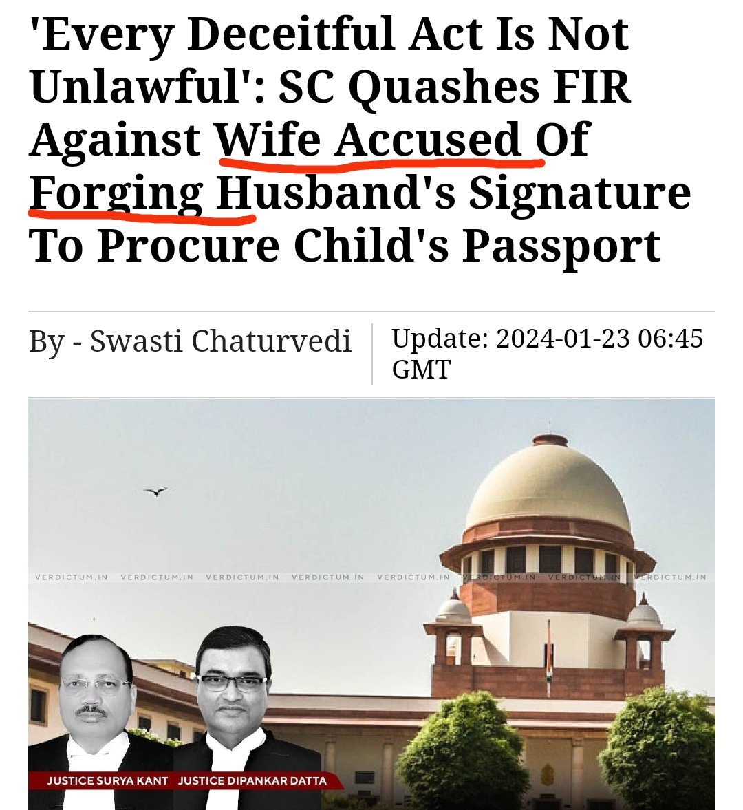 realsiff's tweet photo. This is unbelievable!! Supreme Court judges made forgery legal in India.

After this judgement, nothing can stop wives from forging bank, passport, loan and other documents.

This is the case of a old activist of Bangalore. What outraged the judges?

"How dare a man give such a relentless fight for 15 years to teach the woman a lesson? How dare he?" This is the mindset.

If child's best interest is all that matters, then why Supreme Court judges are sleeping over shared parenting and other children related PILs for last 6 years? Why?

This proves, judges do not want to follow the law.

https://t.co/H1cwskgD0v