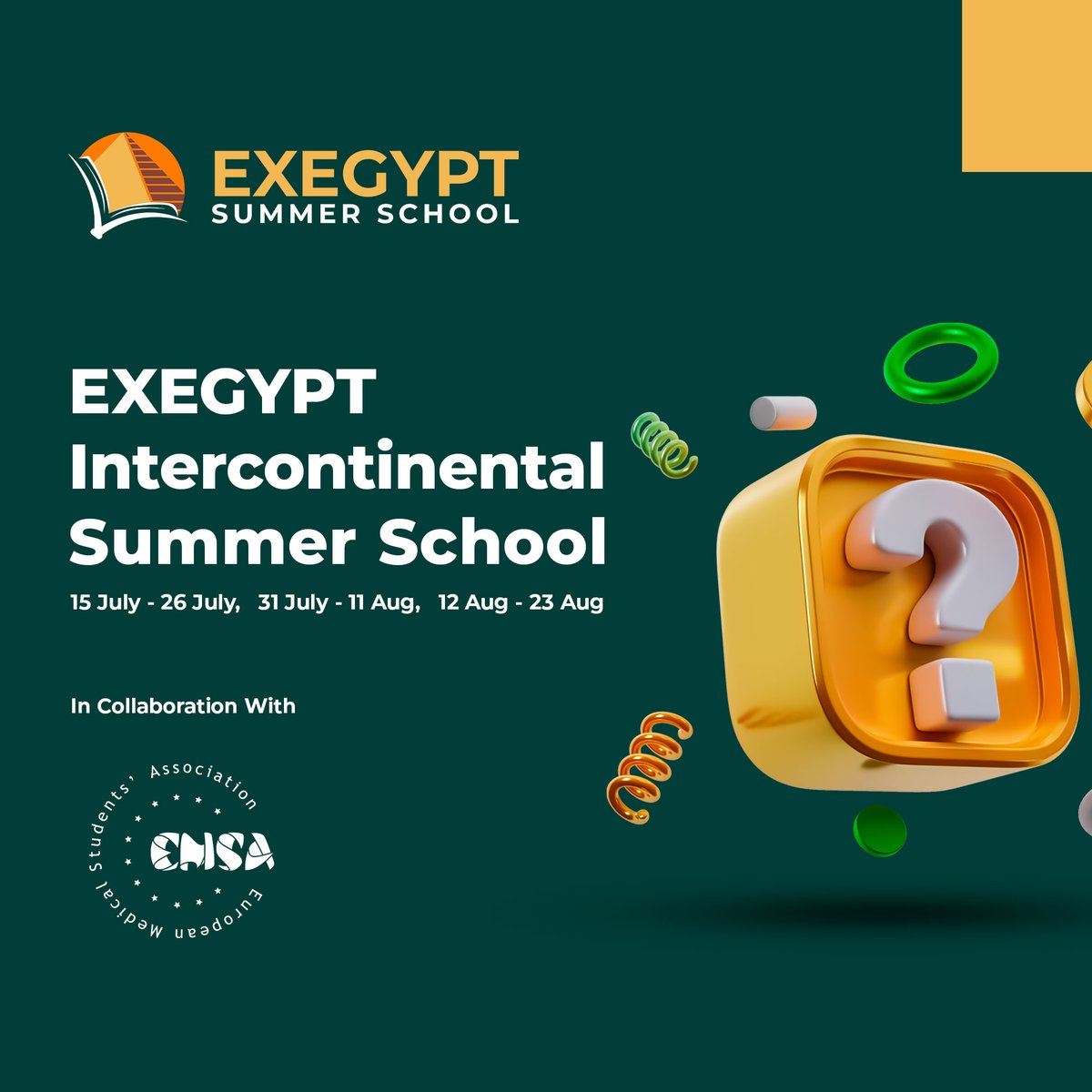 Dear EMSA Family,

We would like to share an external opportunity provided to us from our student organisation partner, ExEgypt, to attend their annual Intercontinental Summer School.

For more information, you can check the link in our bio, @exegyptofficial and your emails💙