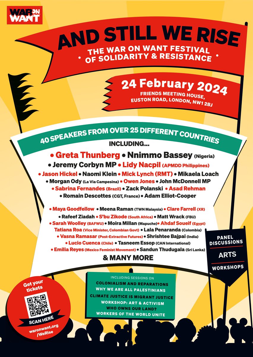 WarOnWant's tweet image. #AndStillWeRise brings together 40 speakers from 25 countries for a radical one-day event to forge global solidarity and build solutions to turn crisis into justice.

📅Saturday 24 Feb
📍Friends Meeting House, London, NW1 2BJ

More info⬇️&amp;amp; tickets here &amp;gt;
secure.waronwant.org/page/136283/ev…