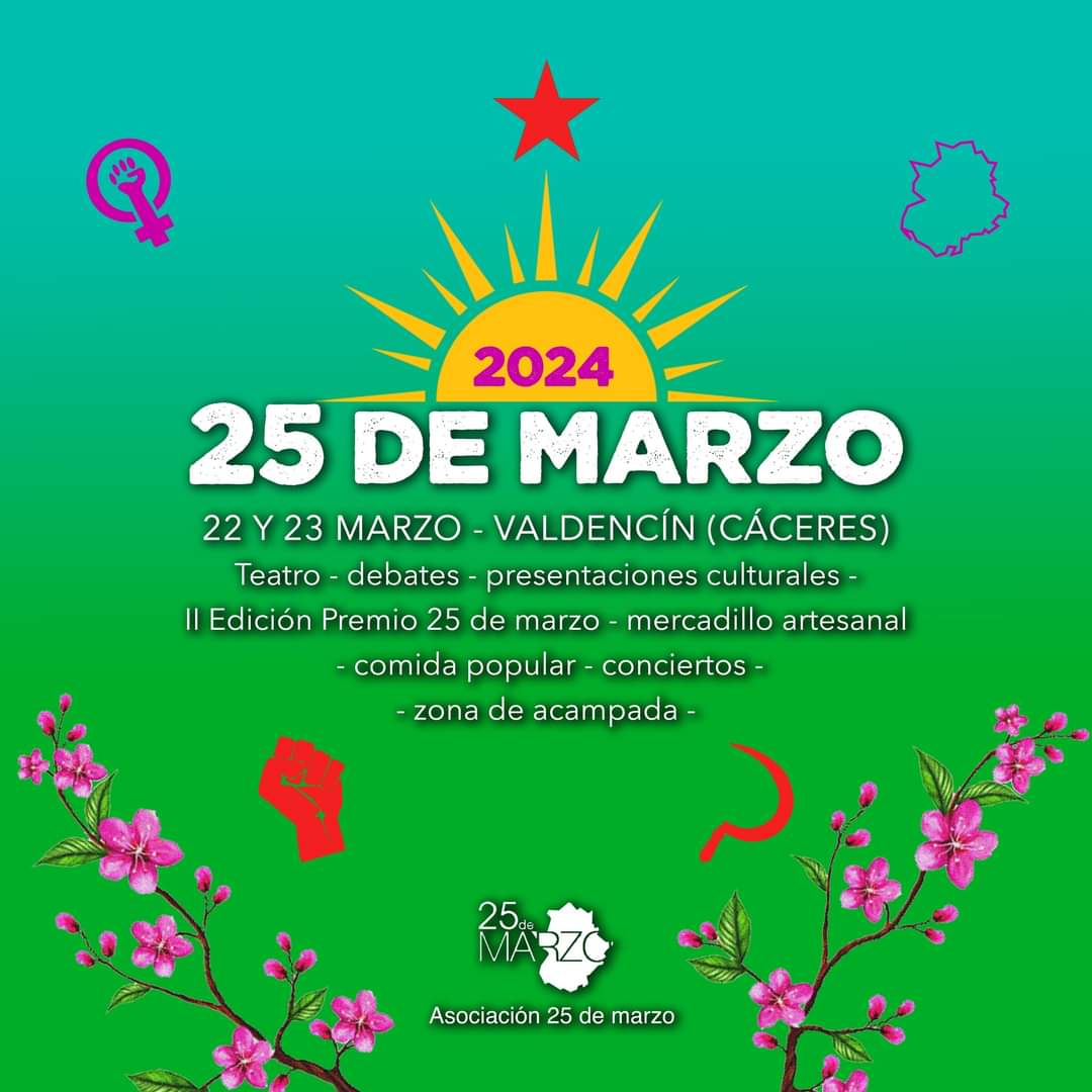 ☀️🌸 ✊ 25 DE MARZO 2024 💚🤍🖤

📣📣 Resérvate los días 22 y 23 de marzo porque volvemos a celebrar el Día de Extremadura, el 25 de marzo, en Valdencín (Cáceres).

📲 ¡COMPARTE!

#25demarzo2024 #Extremadura