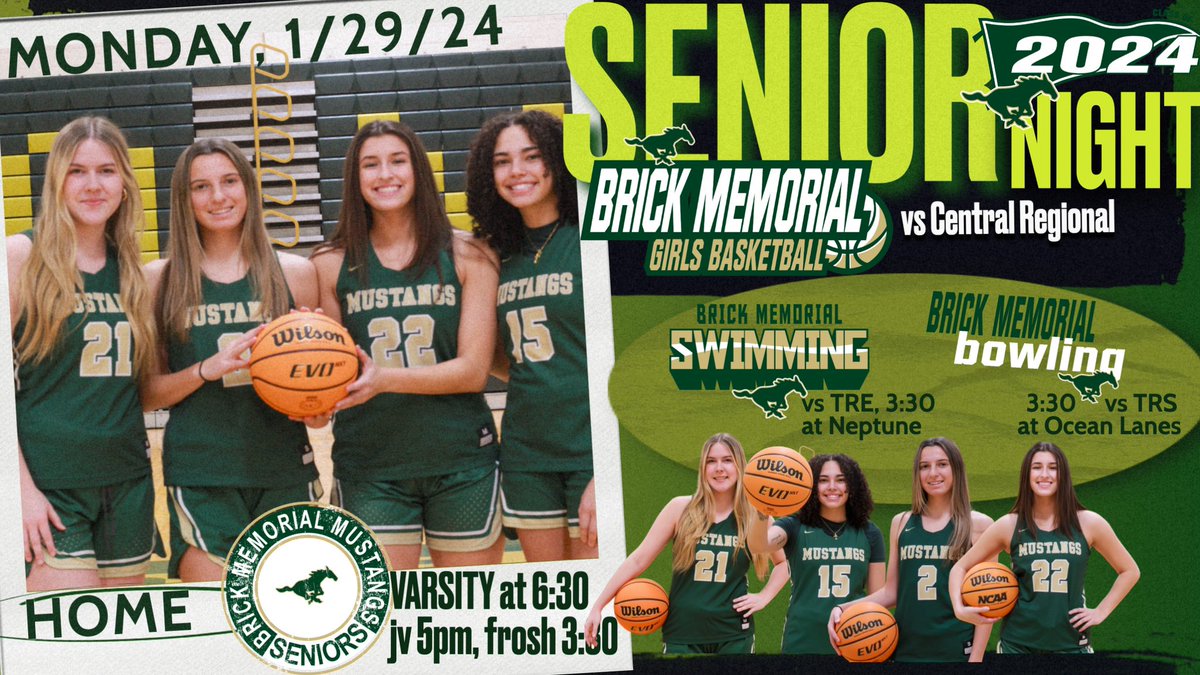 It’s a Mustang Monday….and <a href="/Coach_L_/">Mustang Girls Hoops</a> SENIOR NIGHT highlights the schedule! HOME vs Central. Also…good luck to <a href="/BrickMemSwim/">Brick Memorial Swimming</a> and BM Bowling Teams!! #LetsGoStangs!!!