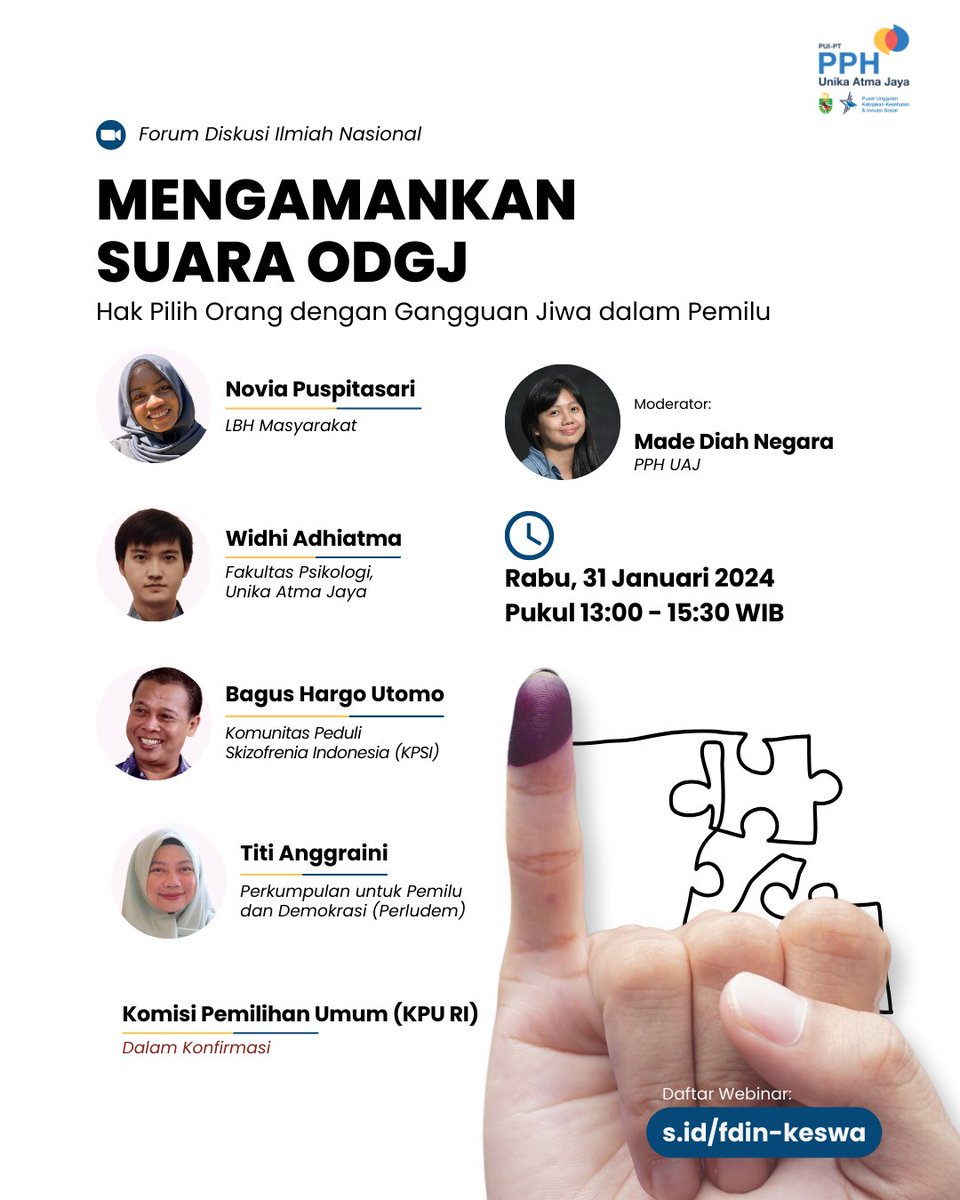Bagaimana kita bisa memastikan hak pilih untuk ODGJ? Ikuti FDIN COP Kesehatan Jiwa tentang Hak Pilih Orang dengan Gangguan Jiwa dalam Pemilu. Daftar sekarang s.id/fdin-keswa