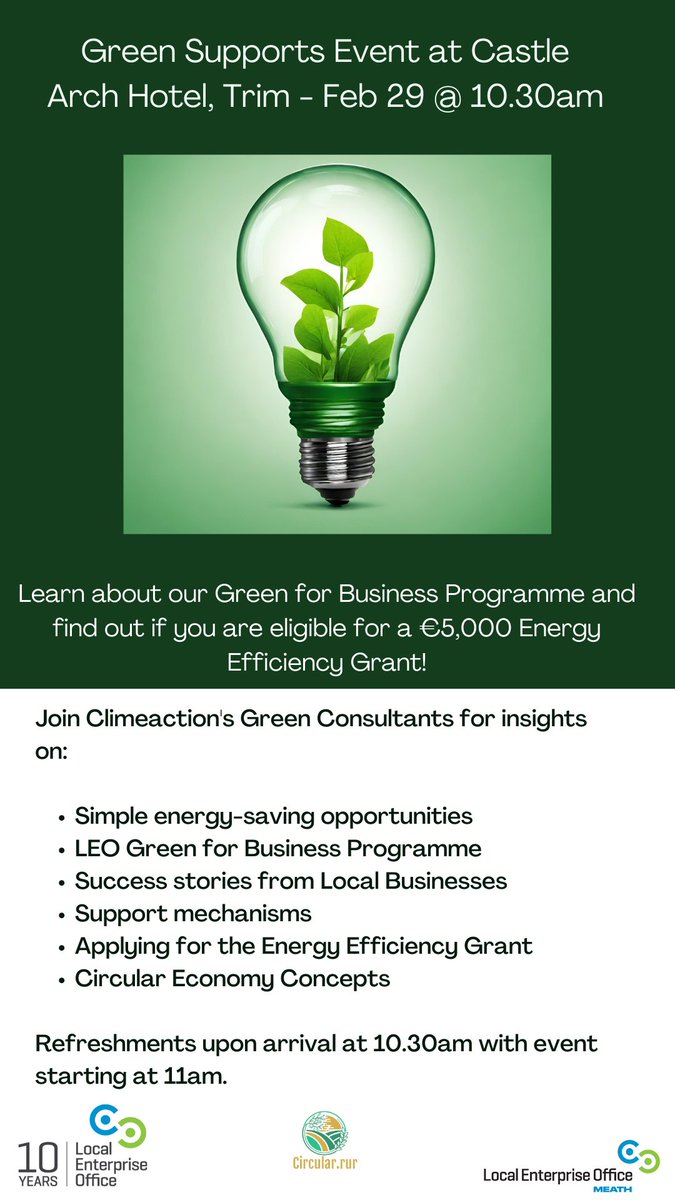Join Meath Local Enterprise Office (LEO) for Breakfast in the Castle Arch Hotel in Trim on Thursday 29th February for our Green Supports Event! For more see: bit.ly/49gidAB