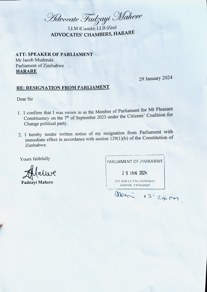 🟣 Thank you, Mt Pleasant Constituency for having faith in me. Despite feeling a profound sense of sadness for all I had hoped we could do together to build a pleasant Mt Pleasant, I have officially submitted by resignation from Parliament and will cease to be a member of CCC.🇿🇼