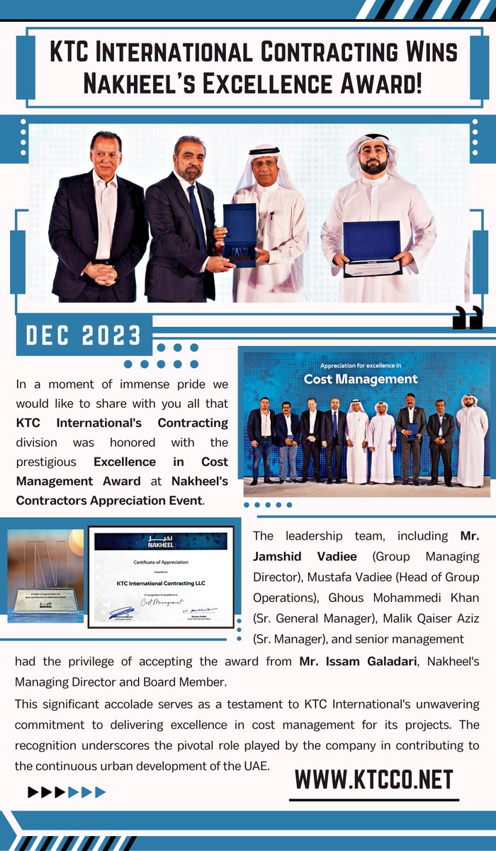 KTC International Contracting Division Wins Nakheel's Excellence in Cost Management Award! Check out 𝗗𝗲𝗰𝗲𝗺𝗯𝗲𝗿'𝘀 𝗡𝗲𝘄𝘀𝗹𝗲𝘁𝘁𝗲𝗿 Now! Visit Website Link : lnkd.in/dnjfM99h #KTCInternational #Nakheel #Excellence #Awards #CostManagement #Dubai #UAE #Newsletter