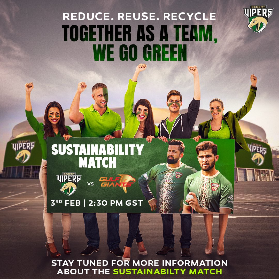 Gear up in green and join the dream 💚 Wear green and lets roar together for the Vipers in the stands for our #SustainabilityMatch against Gulf Giants on 3️⃣rd February 💪 To book your tickets: tickets.virginmegastore.me/ae/ILT20/21420… #DesertVipers #FangsOut #Sustainability #DPWorldILT20…