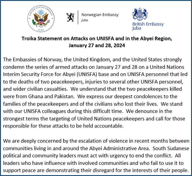 The Embassies of Norway, the United Kingdom, and the United States strongly condemn the series of armed attacks on January 27 and 28 on a United Nations Interim Security Force for Abyei (UNISFA) base and on UNISFA personnel that led to the deaths of two peacekeepers, injuries to…