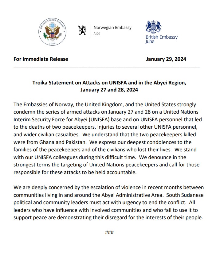 NorwayinSSudan's tweet image. Troika Statement on Attacks on @UNISFA_1 and in #Abyei Region, January 27 and 28, 2024.
⤵️
bit.ly/3SkiFH6