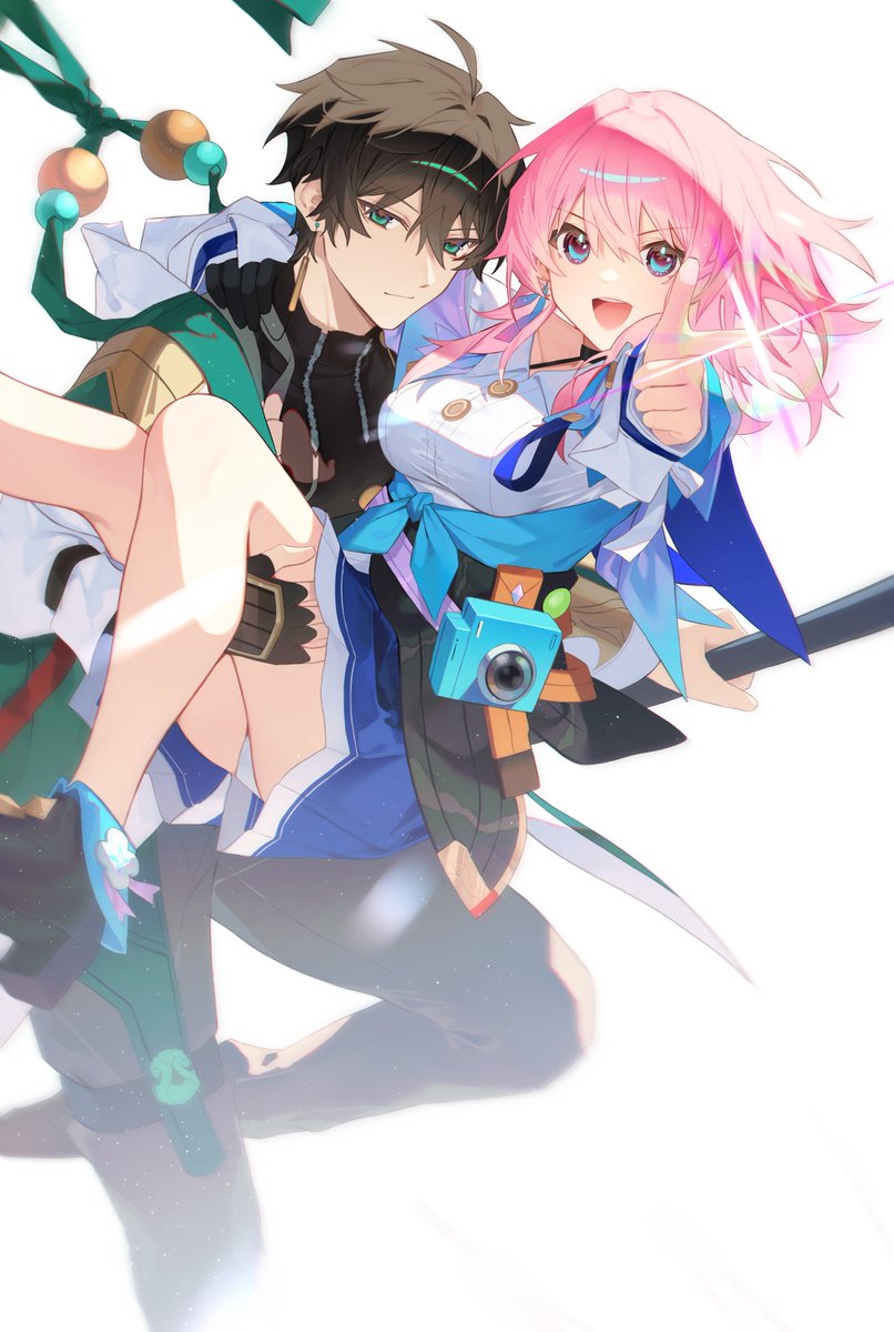 dan heng (honkai: star rail) ,march 7th (honkai: star rail) 1girl 1boy pink hair princess carry green eyes smile carrying  illustration images